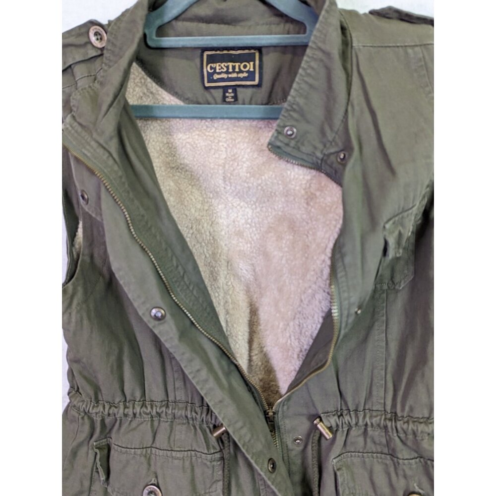 C Esttoi Women size M Vest Green Army Button Up Zip Waist Sherpa Lining Jacket - Picture 4 of 13